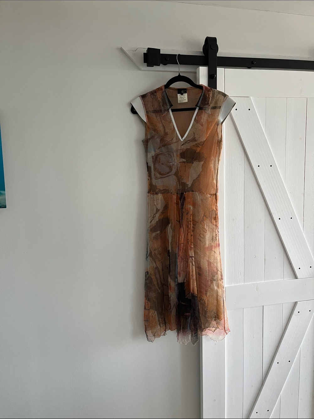 Just Cavalli Abstract V-Neck Leather Midi Dress in Tan and Brown Tones